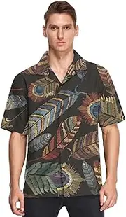 [GuoChe] Hawaiian Button Up Shirt Men Short Sleeve Tropical Peacock Bird Feather Casual Camisa de Vestir para Hombre
