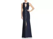 $395 Aidan Mattox Women Blue Beaded Embellished Keyhole Halter Neck Crepe Gown 4