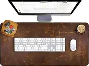Leather Desk Pad (Real) Leather Desk Mat Set (32x16) Large Desk Cover Desk Blotter Desk Protector Computer Mat for Keyboard Gaming Mouse Pad Table Laptop Office Desktop Accessories Antique 2mm ELIZO
