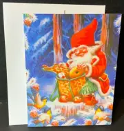 Christmas Card UNUSED Swedish Tomte Elf Gnome Filling Basket Birds Watching