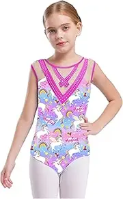 [Yihuimin] Kids Girls Gymnastics Leotards Sparkly Mesh Splice One Piece Ballet Dance Bodysuit Tumbling Outfits
