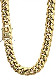 [PY Bling] Miami Cuban Link Chain-14k Yellow Gold Finish Stainless Steel 10mm Thick Choker/Necklace/Bracelet with Box Clasp Lock 8"-30"