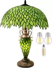 Tiffany Style Table Lamp Green Stained Glass Wisteria Mother-Daughter Vase Lamp