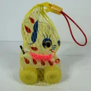 Vtg 1960s Wooden Bunny Rabbit Pull Along Toy in Original Net Bag Baby Toddler