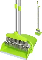 Extendable 137CM Indoor Broom and Dustpan Set - Complete Cleaning Solution for Kitchen and Floors | Long Handle Standing Dustpan and Broom Set for Effective Cleaning and Home Maintenance Green