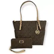 Michael Kors Jet Set Brown Monogram Logo Tote Bag Purse and Wallet Authentic New