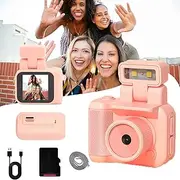 Mini Retro Camera, Keychain Camera, Tiny Nostalgic Camera, 1080p HD Mini Camera with LED Flash Light, Portable Travel Miniature Pocket Snap Camera with Necklace (Pink, 32G)