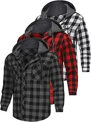 [Yafanqi] 3 Pack Hooded Flannel Shirt for Men Casual Button Down Plaid Shirt Long Sleeve Fashion Hooded with Pocket