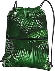 EdWal Green Leaves Of Palm Tree Tropical Plants Print Drawstring Backpack Gym Bags Sports Bags With Zipper Pocket For Travel Swimming Beach, Black, One Size