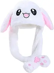 Funny Bunny Hat Ear Moving Jumping Rabbit Hat, MH MOIHSING Dancing Ear Hat Cute Animal Ear Flap Hat Plush Hat Cap with Paws for Women Girls, Cosplay Christmas Party Holiday Hat (White)
