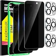 Milomdoi 4 Pack Privacy Screen Protector for Apple iPhone 15 Pro Max with 4 Pack Tempered Glass Camera Lens Protector, Ultra 9H Accessories, Case Friendly, Mounting Frame, 2.5D Curved, Black