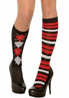 NERD MISMATCHED COSTUME SOCKS Punk School Girl Black Red Stripes Argyle Adult