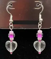 Clear Faceted Plastic Heart & Pink Glass Bead Earrings by Neanie-Bot