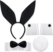 Bunny Halloween Costume Accessories - 5 PCS Bunny Ears Headband Tail Bow Tie Collar Cuffs Set for Women Rabbit Cosplay Party, Black and White
