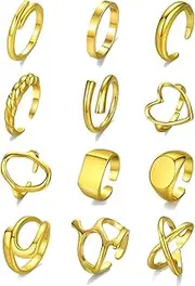[Tornito] 12 Pcs Gold Stackable Rings Set for Women 18K Gold Plated Knuckle Open Rings Chunky Heart Square Twist Statement Signet Rings Silver Gold Tone Adjustable