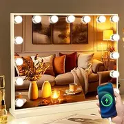 [FENCHILIN] Hollywood Mirror Vanity Mirror with Lights USB Port 15 Dimmable Lightbulbs 3 Lighting Modes for Dressing Table Vanity Mirror Makeup Mirror 10x Magnifying Glass Touchscreen 58x46cm