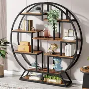 Tribesigns Bookshelf, Round Bookshelves Etagere Bookcase, 63 Inch Industrial Wood Book Shelf with Staggered Shelves, Rustic Open Shelving Organizer Rack Display Shelf