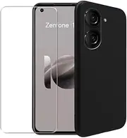 WDMYLFTW Case for Asus Zenfone 10 + Glass Screen Protector Tempered Film - Transparent Silicone Soft Flexible Bumper Shockproof TPU Protective Cover Shell for Asus Zenfone 10 (Black)