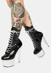 [Pleaser] Black And Chrome Adore Lace Up Heels