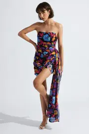 Multi Floral Sash Bandeau Draped Chiffon Dress - Size 8, Women's Bodycon Dress