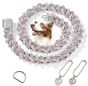 Dog Cat Chain Collar Diamond Cuban Collar 16 inch Glitter Dog Chain Collar with 2 Heart Pendant and D Lock Pet Jewelry Accessories Pink Silver Chain for Medium Large Dogs