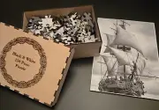 Old Clipper ship puzzle. Black & White wood puzzle with storage box. Crisp pic