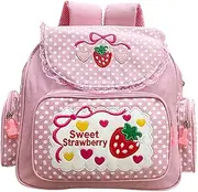 [LOVEMORE] Kawaii Embroidery Strawberry Backpack for Girl Teen Student School Bag Satchel Cute Pink Lace JK Backpack, Pink, mini