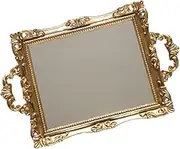 COMNESTBI 1PC Vintage Carved Mirror Tray Elegant Storage Craft for Wedding Dessert Table Decor Golden Finish Delicate and Practical Home Accessory