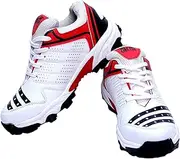 FIRE FLY All Rounder Cricket Shoe White Red PU Shcok Absorbing Without Spikes Trainer Footwear for Youth