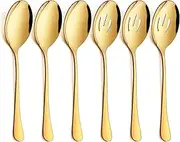 LIANYU 6-Piece Gold Serving Spoons, Stainless Steel Gold Slotted Spoons, Serving Utensils for Party Buffet Restaurant Banquet Dinner Catering, 8 3/4 Inch, Dishwasher Safe