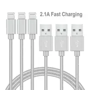 [3 Pack] 2M USB 2.1A Fast Charger Cable Naylon Braided For Apple iPhone 14 13 12 11 XR X S Max Charging Cord - Silver