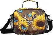 Insulated Lunch Box Deer Sunflower Butterfly for Women Men - Ideal for Work, Picnics - Includes Adjustable Shoulder Strap