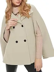 [Tankaneo] Women’s Double Breasted Poncho Lapel Collar Button Cloak Cape Coat with Pockets