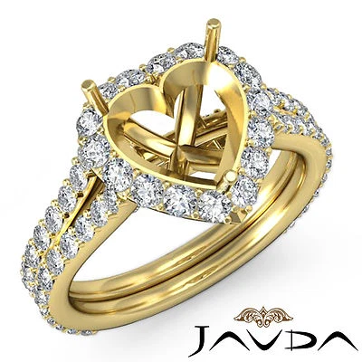 Diamond Engagement Ring Halo Set 1.29Ct 14k Yellow Gold Heart Shape Semi Mount