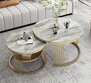 Round Coffee Table, Metal Tea Table with Storage Shelf, Center Tables for Living Room, Nesting Tables, 10mm Thickness Rock Slab Tabletop (Color : Premium Gray)
