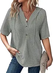 [Generic] Womens Knit Tops, Casual Drawstring Hoodies Pullover Shirt, Womens Pullover Tops Short Sleeve