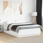 Queen Size Bed Frame with LED Lights - White 150x200 cm | Hollow Engineered Wood Construction | Modern Platform Bed with Sturdy Plywood Slats, Customizable RGB LED Lighting | No Mattress