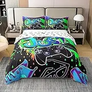 100% Cotton Boys' Gaming Duvet Cover, 135 x 200 cm, Gamepad Game Bed Linen Set, Gamers Tie Dye Duvet Cover for Children, Teens, Hip Hop Cartoon Design, Comfortable Duvet, Reversible