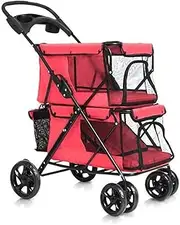 Double Dog Stroller Double Layer Pet Travel Stroller Can Folded Big Space Pushchair Pram Jogger Buggy with 4 Wheels for Dog Cat Suitable for 20kg Pet Travel Stroller