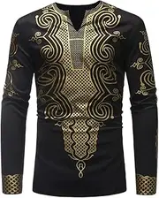 [XSION] African Shirts for Men Long Sleeve Casual Shirts Luxury Metallic Gold Printed Dashiki Tribal V Neck Tops (Color : Black, Size : Medium)
