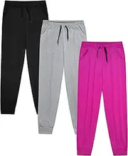 [VOGRYE] 3 Pack: Girls' Dry-Fit Jogger Sweatpants Soft Active Athletic Kids Joggers with Pockets & Drawstring, Black,rose Red, Dark Gray, 13 Years