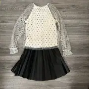 Zara Girls 2pc Set size 8 Black Polka Dot Ivory Mesh & Pull-On Black Pleat Skirt