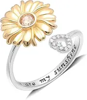 [Ginger Lyne Collection] Sunflower Adjustable Ring by Ginger Lyne Champagne Cubic Zirconia Sterling Silver Rings for Women or Girls You are My Sunshine Heart Bendable Wrap Finger or Toe Love Promise Fashion Jewelry