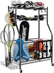 VEVOR Sports Equipment Garage Organizer, Rolling Ball Storage Cart on Wheels, Basketball Rack with Baskets & Hooks, Indoor/Outdoor Sports Gear and Toys Storage, Steel Sports Equipment Organizer, Black