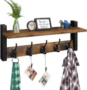 Rustic Wall Hooks with Shelf - 5 Metal Hooks for Entryway, Bathroom, Bedroom