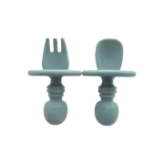 New Silicone Spoon Fork Short Small Self Baby Toddler Blue Utensil Cutlery BLW