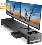 Dual Monitor Stand Riser, 2 Drawers, 4 USB, Charging Pad, for 2 Monitors