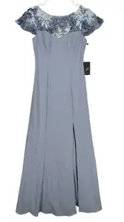 Adrianna Papell Gown Size 2 Blue Sequin Embellished Mesh Knit High Slit NWT