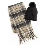 Madden Girl Pom Beanie And Sequin Embellished Plaid Scarf Set MSRP$50 NWT