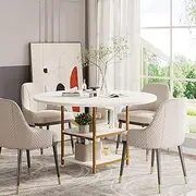 Tribesigns 47 Inches Round Dining Table for 4 People, Golden Kitchen Tables Dinner Table with 2-Tier Storage Shelves for Dining Room Living Room, White Gold(Only Table)